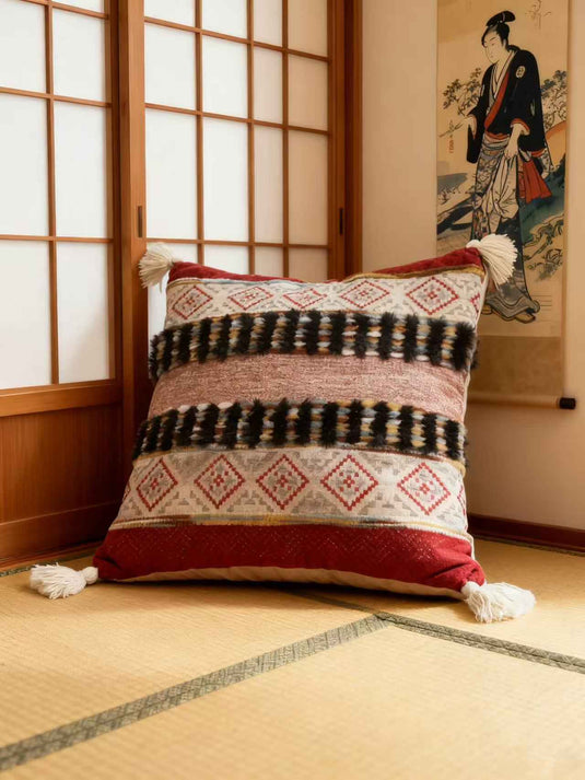Ethnic - style Geometric - patterned Tassel Jacquard Throw Pillow (Red - Brown Contrast Color) - Fucolina