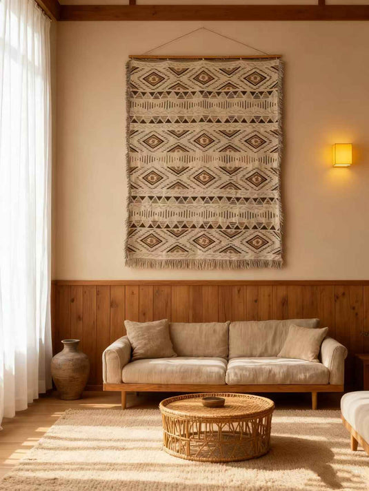 Ethnic - style Geometric - patterned Tassel Tapestry (Simple and Elegant Brown - White Color) - Fucolina