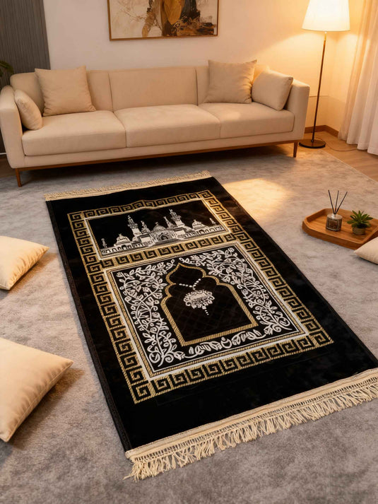 Black - Gold Islamic Architectural Prayer Rug - Fucolina