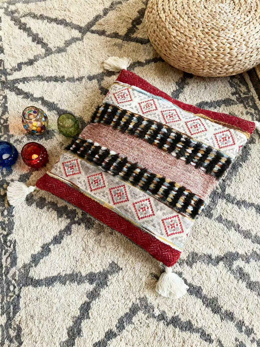 Ethnic - style Geometric - patterned Tassel Jacquard Throw Pillow (Red - Brown Contrast Color) - Fucolina