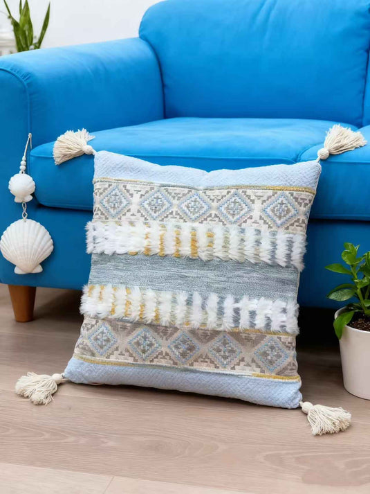 Ethnic - style Geometric - patterned Tassel Jacquard Throw Pillow (Fresh Blue - Gray Color) - Fucolina