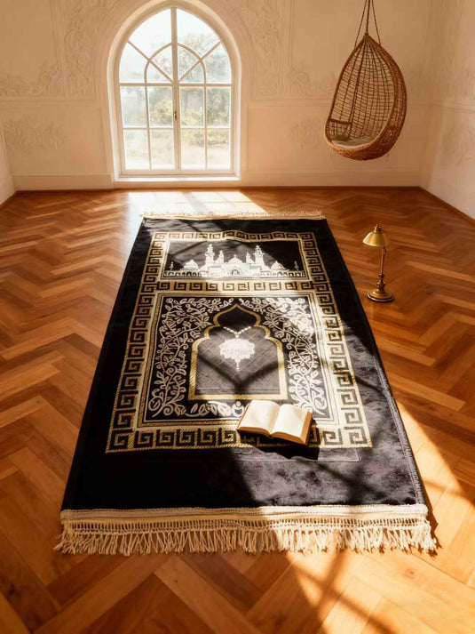 Black - Gold Islamic Architectural Prayer Rug - Fucolina