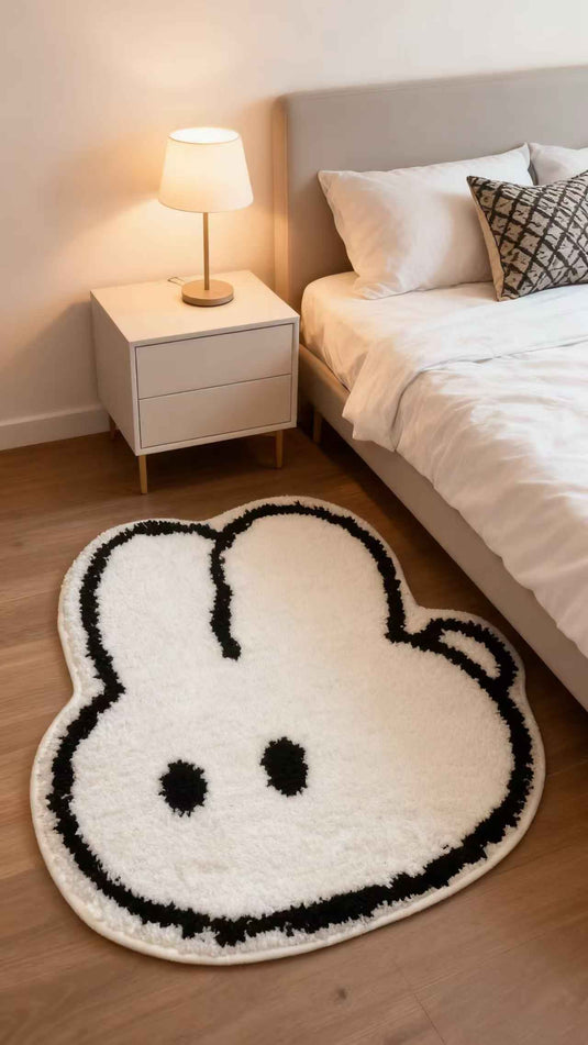 Minimalist Black-and-white Cartoon Rabbit Flocked Carpet