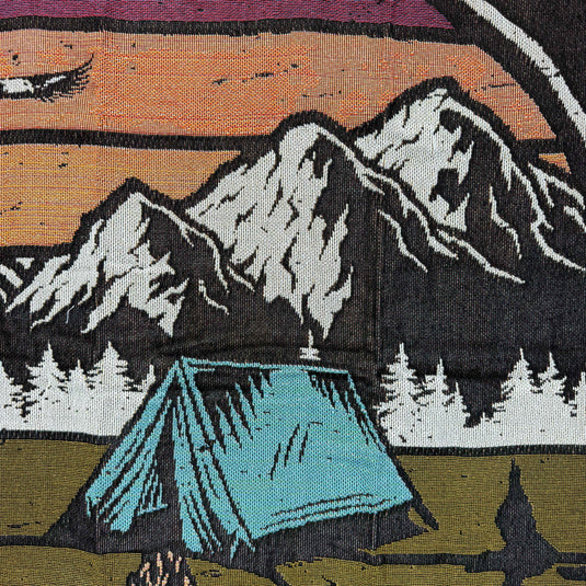 "Wanderlust Campfire" Woven Tapestry Blanket | Vintage Mountain Adventure Decor - Fucolina