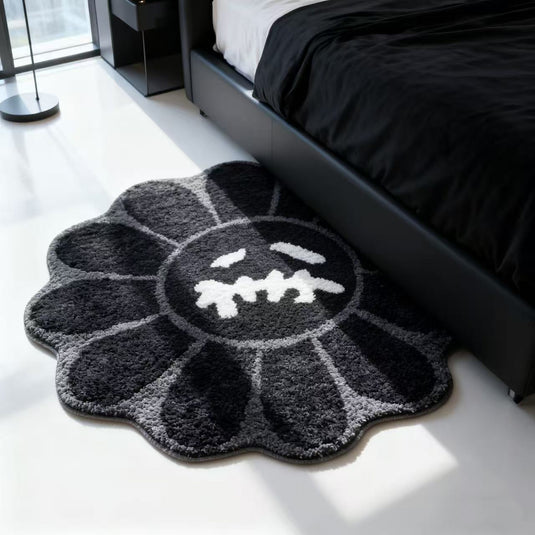Takashi Murakami Inspired Flower Tufted Rug | Black & Grey Kaikai Kiki Art Mat - Fucolina