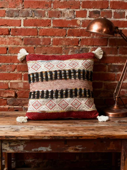 Ethnic - style Geometric - patterned Tassel Jacquard Throw Pillow (Red - Brown Contrast Color) - Fucolina