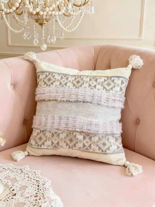 Ethnic - style Geometric - patterned Tassel Jacquard Throw Pillow (Light Pink - Beige Color) - Fucolina