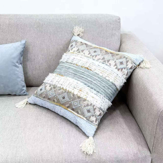 Ethnic geometric pattern tassel jacquard pillow (fresh blue-gray) - Fucolina
