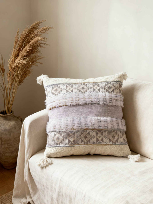 Ethnic - style Geometric - patterned Tassel Jacquard Throw Pillow (Light Pink - Beige Color) - Fucolina