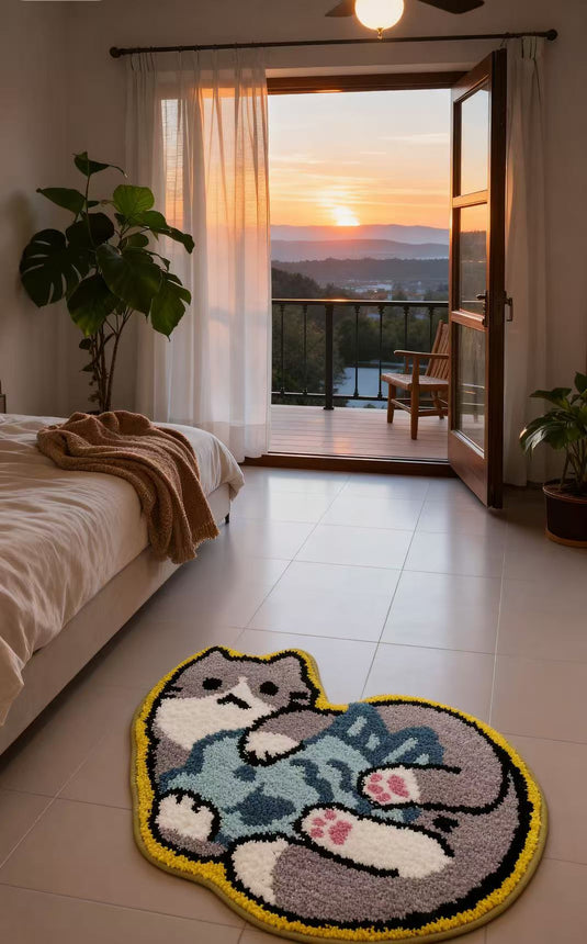 Cute Cat with Fish Tufted Rug | Kawaii Feline Accent Mat for Kids Room - Fucolina