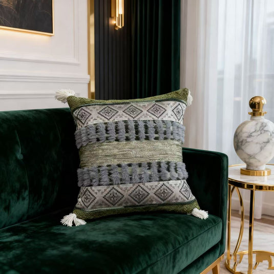 Ethnic geometric pattern tassel jacquard pillow (dark green and gray) - Fucolina