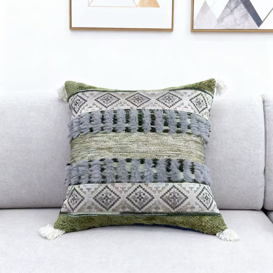 Ethnic geometric pattern tassel jacquard pillow (dark green and gray) - Fucolina