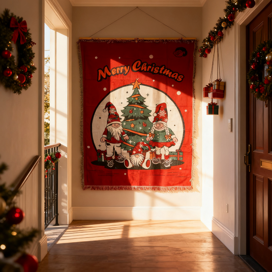 Christmas Gnomes Themed Textile Wallpaper Tapestry, Festive Wall Decor - Fucolina