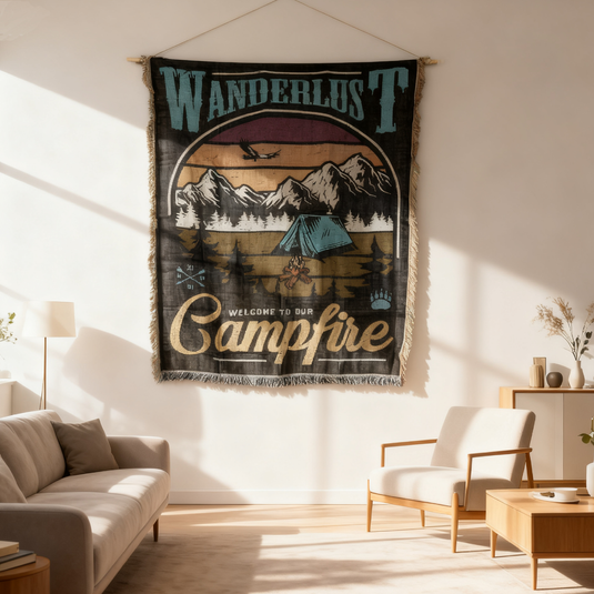 "Wanderlust Campfire" Woven Tapestry Blanket | Vintage Mountain Adventure Decor - Fucolina