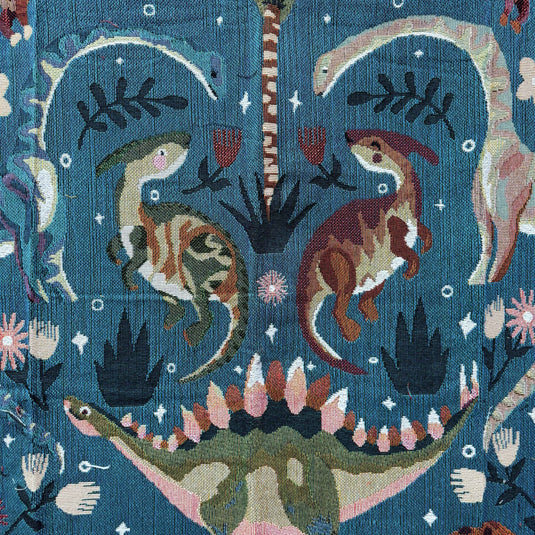 "Jurassic Garden" Dinosaur Woven Tapestry | Folk Art Prehistoric Blanket - Fucolina