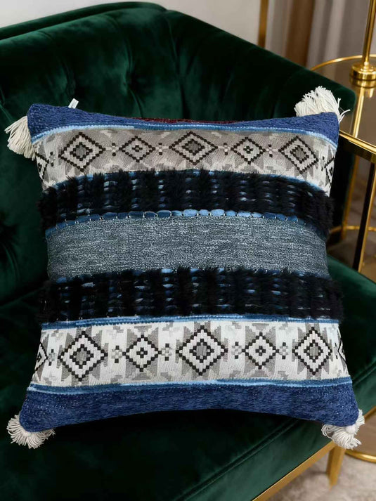 Ethnic geometric pattern tassel jacquard pillow (blue-gray) - Fucolina