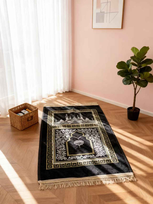Black - Gold Islamic Architectural Prayer Rug - Fucolina