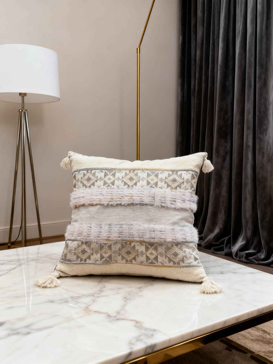 Ethnic - style Geometric - patterned Tassel Jacquard Throw Pillow (Light Pink - Beige Color) - Fucolina