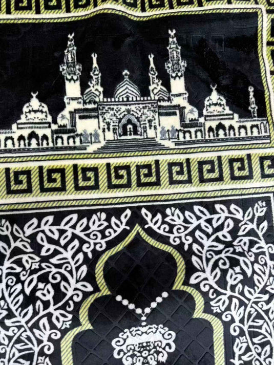 Black - Gold Islamic Architectural Prayer Rug - Fucolina
