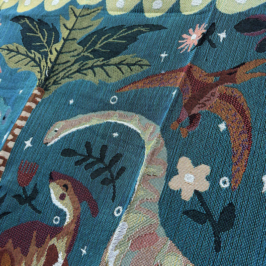 "Jurassic Garden" Dinosaur Woven Tapestry | Folk Art Prehistoric Blanket - Fucolina