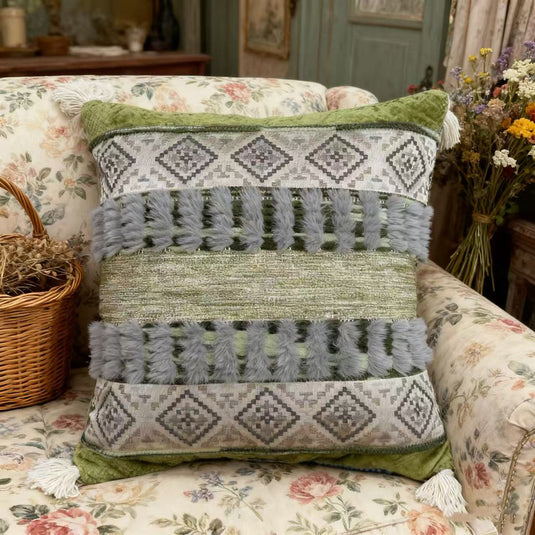 Ethnic geometric pattern tassel jacquard pillow (dark green and gray) - Fucolina