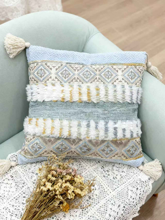 Ethnic - style Geometric - patterned Tassel Jacquard Throw Pillow (Fresh Blue - Gray Color) - Fucolina