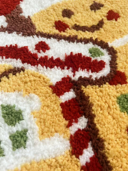 Christmas Themed Plush Rug with Gingerbread Man and Tree Design - Fucolina