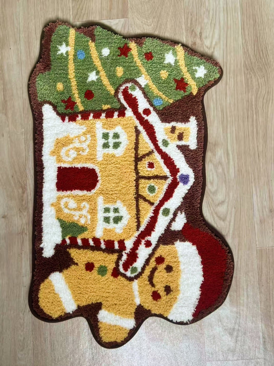 Christmas Themed Plush Rug with Gingerbread Man and Tree Design - Fucolina