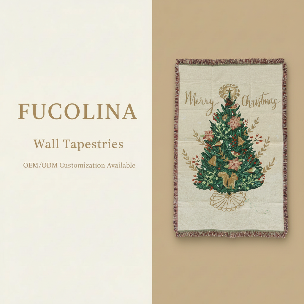 Vintage Christmas tree jacquard wall tapestry cream forest green OEM ODM low MOQ wholesale supplier China