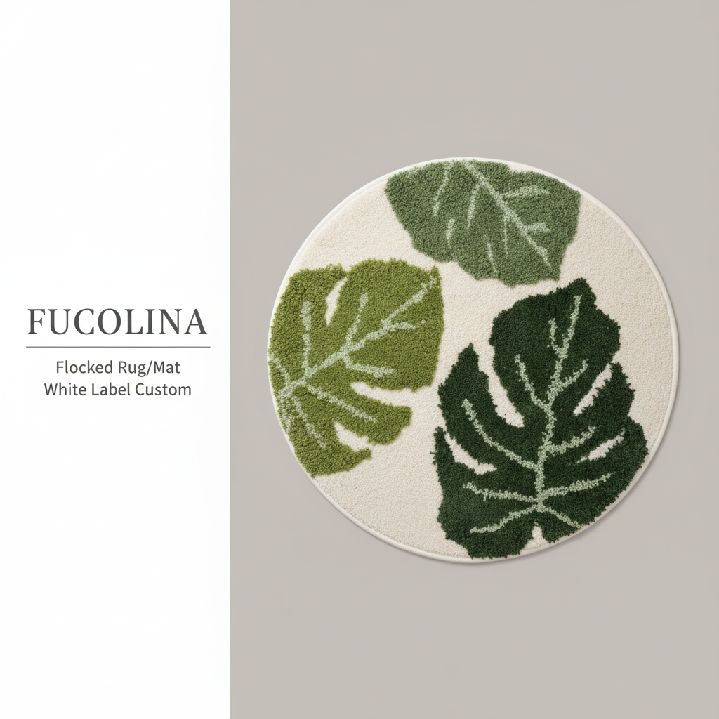 Botanical Monstera Round Flocked Rug in White and Green – OEM/ODM Low MOQ by Fucolina