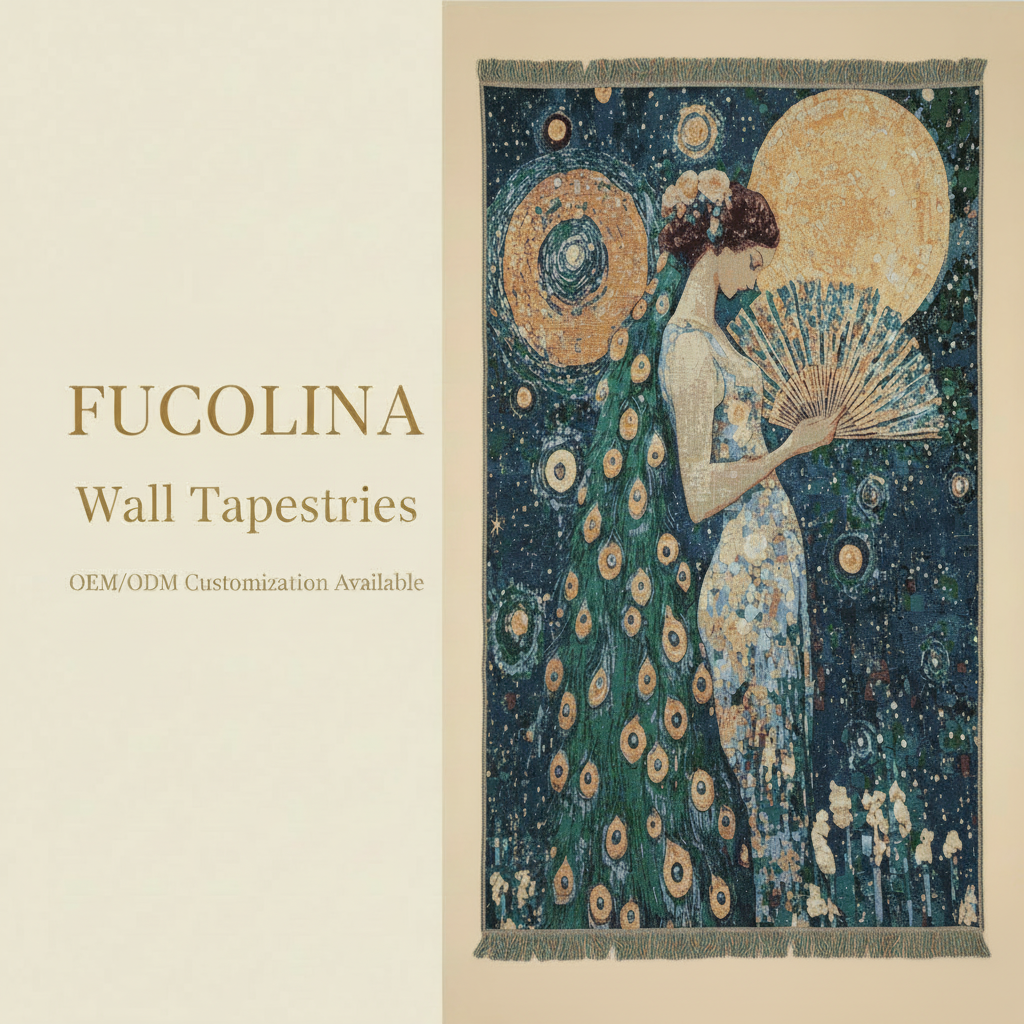 Jacquard Wall Tapestry wholesale OEM ODM — Art Nouveau Peacock Teal Gold woven tapestry by Fucolina Low MOQ