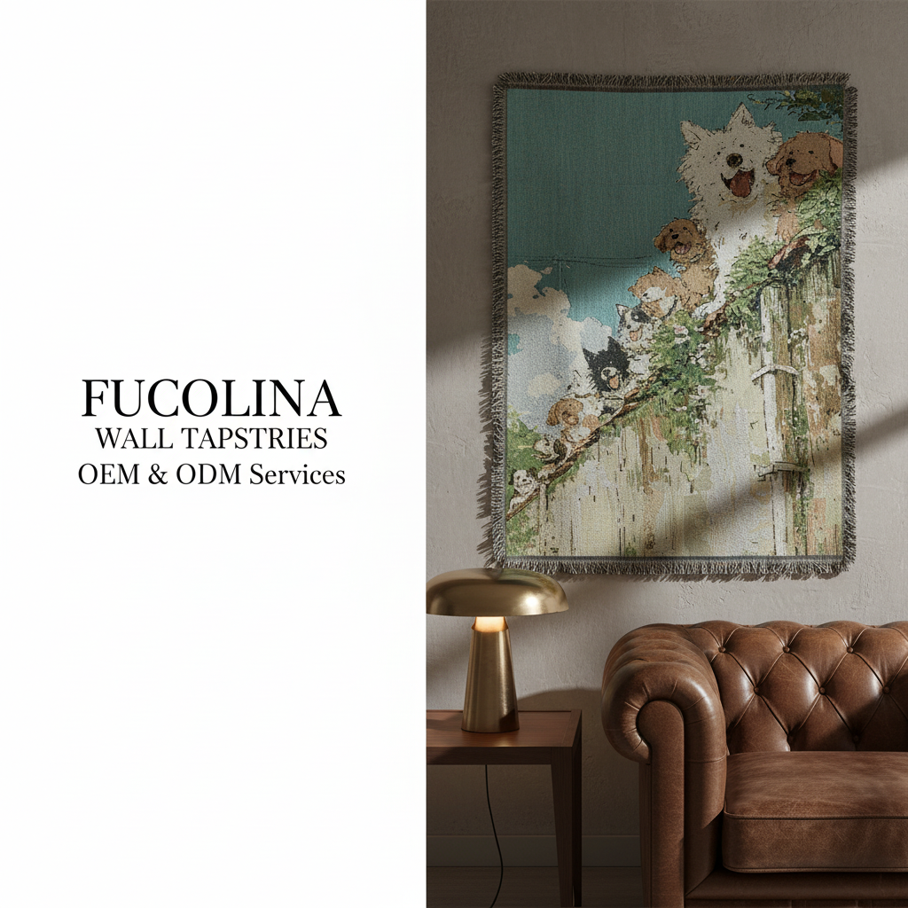 Garden Pet Scene Jacquard Wall Tapestry with blue sky and green ivy by Fucolina