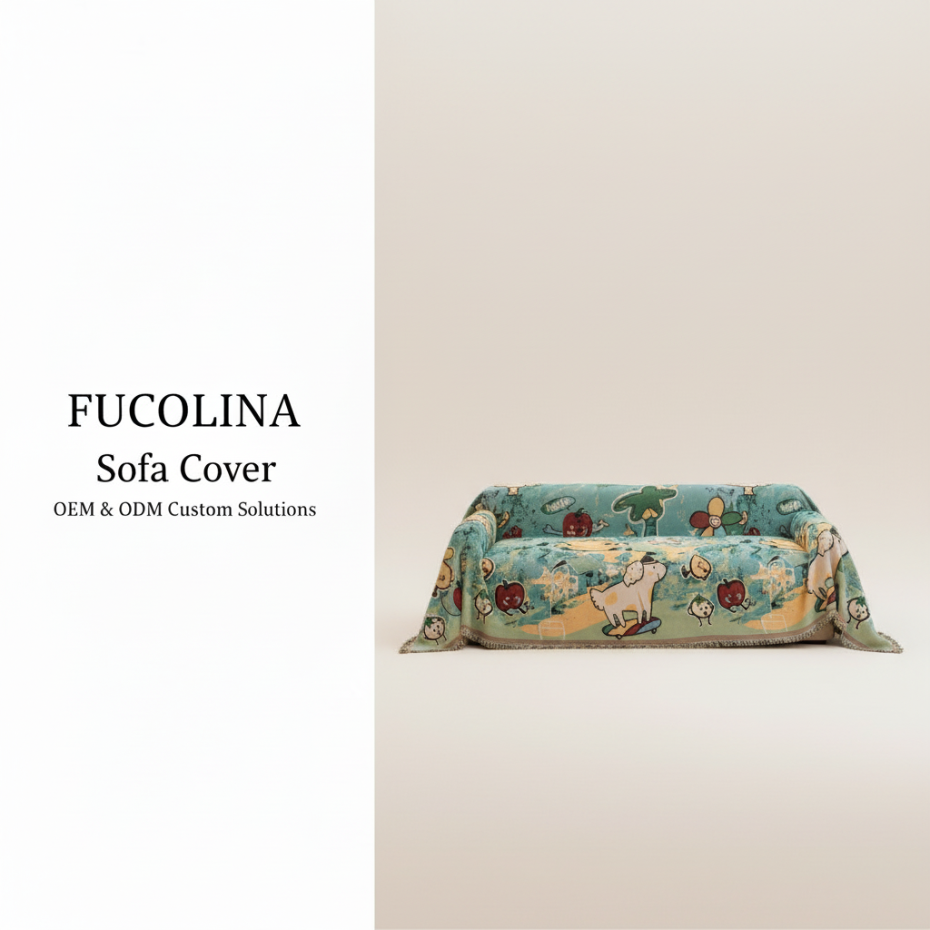 Jacquard sofa throw wholesale — cartoon garden teal beige OEM/ODM custom pattern low MOQ factory direct from Fucolina China