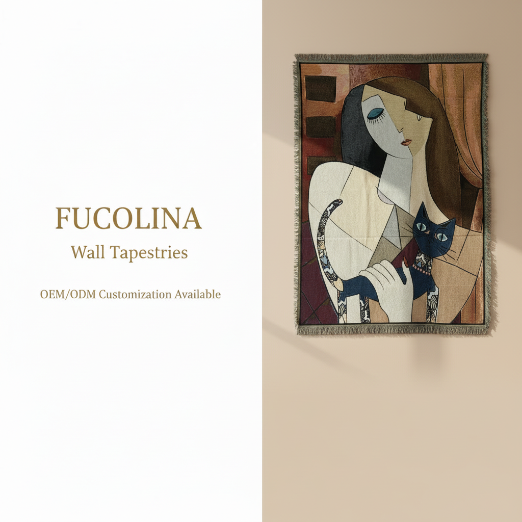 Art Deco woman cat jacquard wall tapestry cream grey OEM ODM low MOQ wholesale manufacturer China