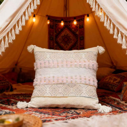 Ethnic - style Geometric - patterned Tassel Jacquard Throw Pillow (Soft Pink - Beige Color) - Fucolina