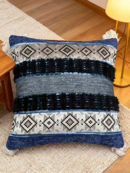 Ethnic geometric pattern tassel jacquard pillow (blue-gray) - Fucolina