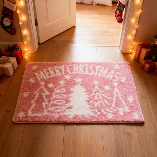 Pink "Merry Christmas" Tufted Rug | Danish Pastel Holiday Accent Mat - Fucolina