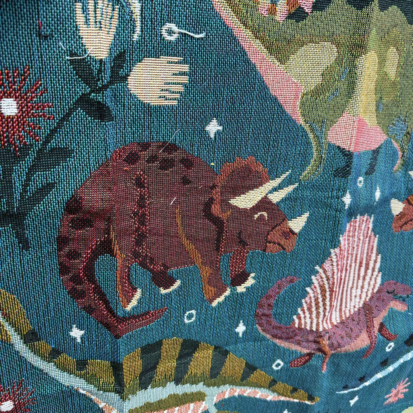 "Jurassic Garden" Dinosaur Woven Tapestry | Folk Art Prehistoric Blanket - Fucolina