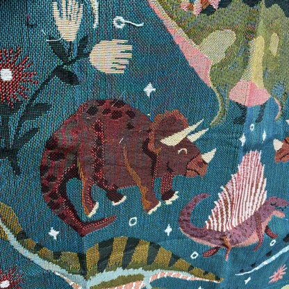 "Jurassic Garden" Dinosaur Woven Tapestry | Folk Art Prehistoric Blanket - Fucolina