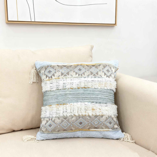Ethnic geometric pattern tassel jacquard pillow (fresh blue-gray) - Fucolina