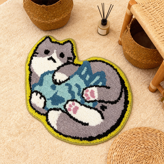 Cute Cat with Fish Tufted Rug | Kawaii Feline Accent Mat for Kids Room - Fucolina