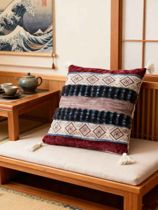 Ethnic - style Geometric - patterned Tassel Jacquard Throw Pillow (Red - Brown Contrast Color) - Fucolina