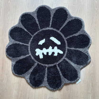Takashi Murakami Inspired Flower Tufted Rug | Black & Grey Kaikai Kiki Art Mat - Fucolina
