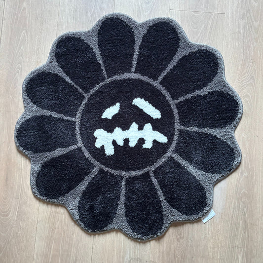 Takashi Murakami Inspired Flower Tufted Rug | Black & Grey Kaikai Kiki Art Mat - Fucolina
