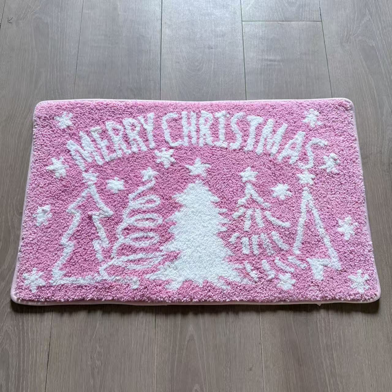 Pink "Merry Christmas" Tufted Rug | Danish Pastel Holiday Accent Mat - Fucolina