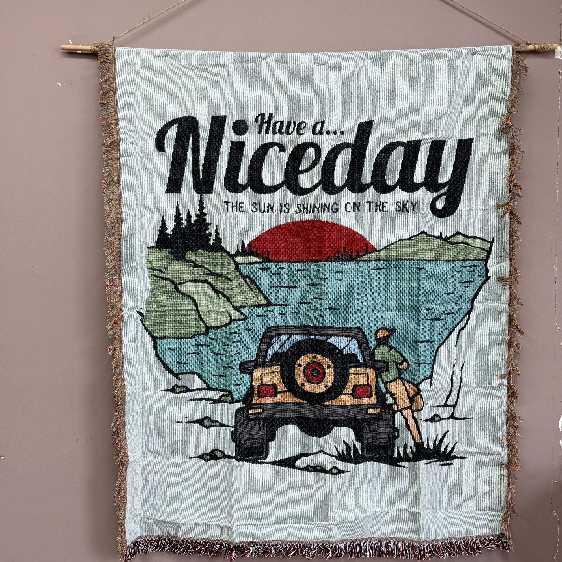 "Have a Nice Day" Woven Tapestry Blanket | Retro Off-Road Adventure Decor - Fucolina
