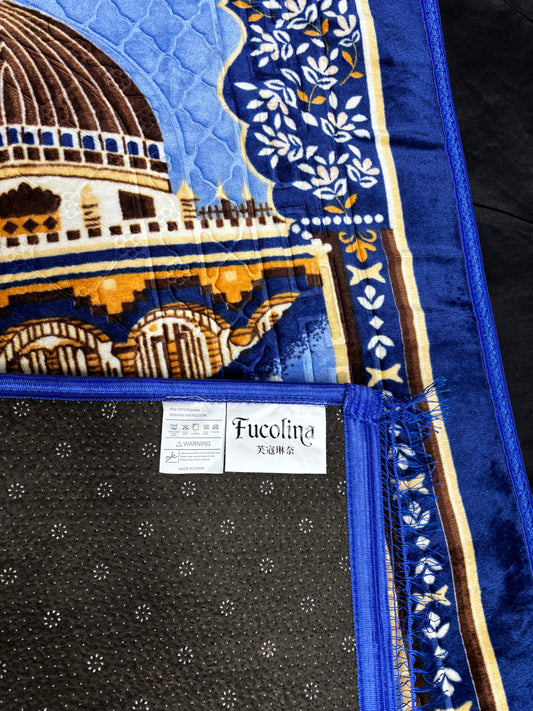 Plush Velvet Islamic Prayer Rug - Blue Mosque Design Sajjāda Janamaz - Fucolina