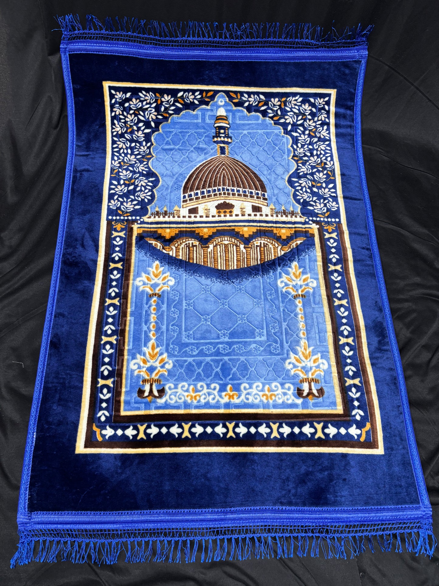 Plush Velvet Islamic Prayer Rug - Blue Mosque Design Sajjāda Janamaz - Fucolina
