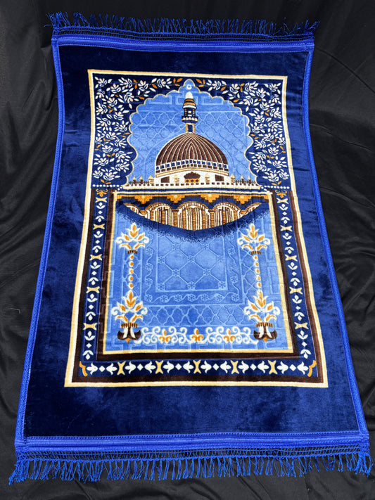 Plush Velvet Islamic Prayer Rug - Blue Mosque Design Sajjāda Janamaz - Fucolina