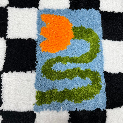Checkerboard Snake & Flower Tufted Rug | Y2K Danish Pastel Accent Mat - Fucolina